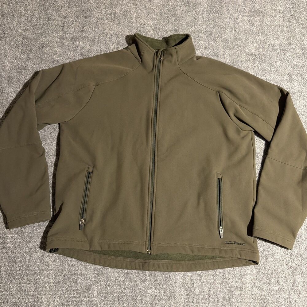 LL Bean Jacket Mens Large Green Front Zip Nylon Blend Pockets Weatherproof